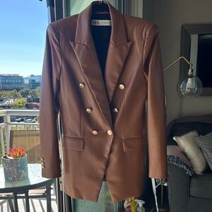 Zara Chestnut Faux Leather Blazer with Gold Accents